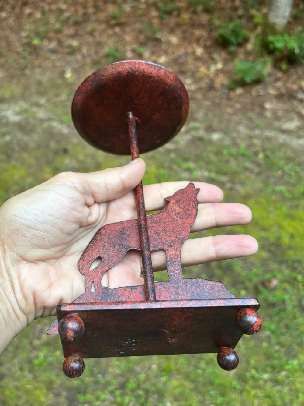 Green Pressed Glass Votive Holder on Rustic Wolf Stand